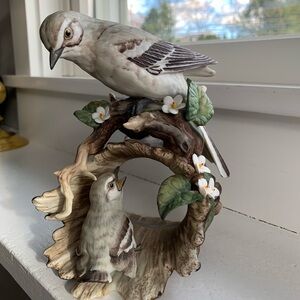 Beautiful porcelain ceramic birds on log sculpture Granny Chic neutral colors